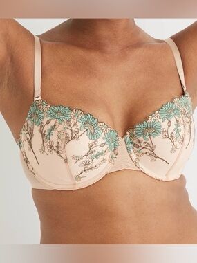 Aerie Embroidered Floral Underwire Bra in Nude with Mint Accents 36D